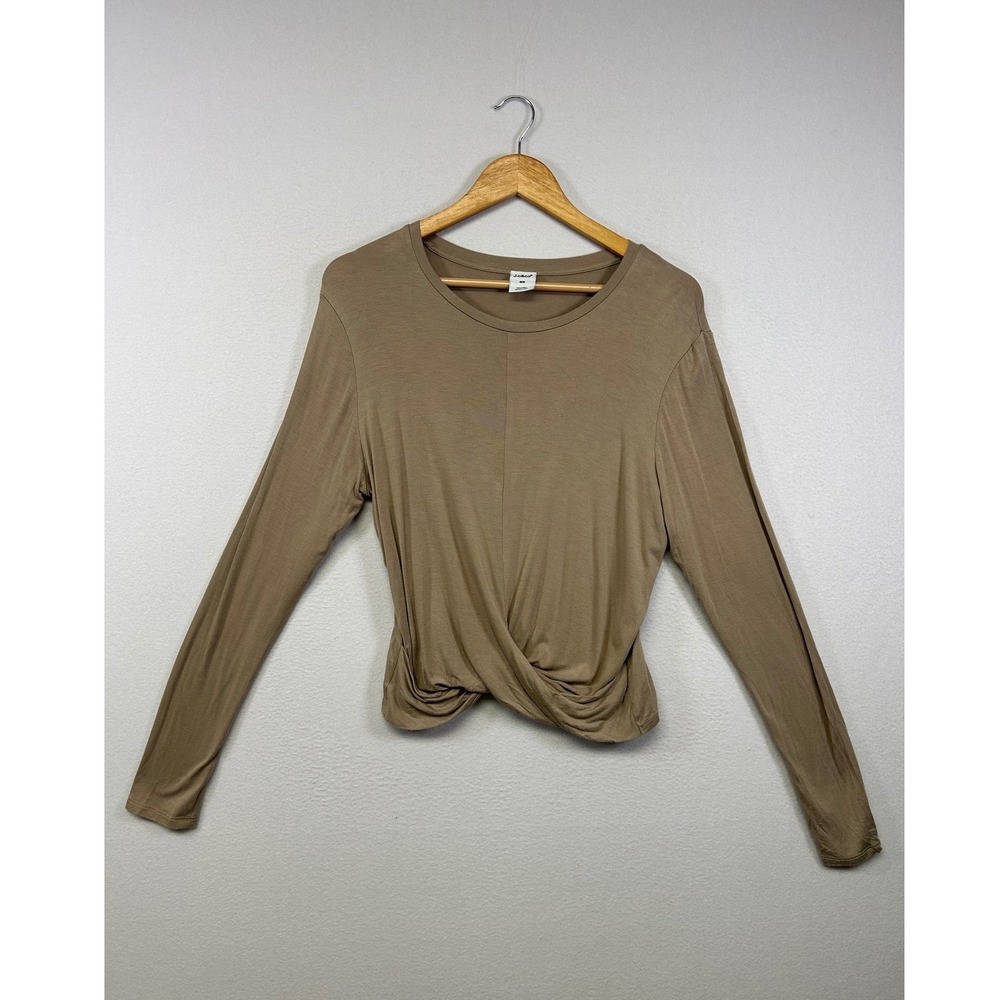 Minimalist J.o&co Womens Medium Taupe Brown Twist Front Long Sleeve Cropped Top